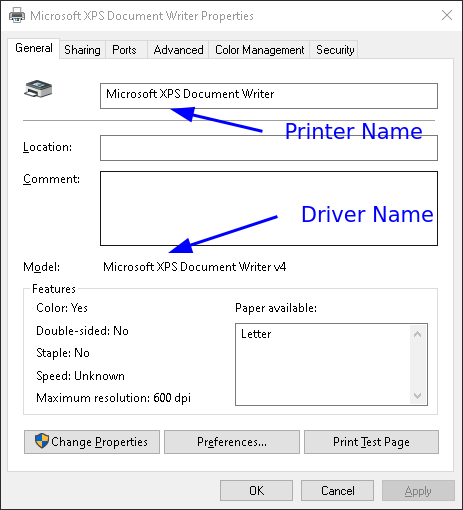 Printer properties dialog